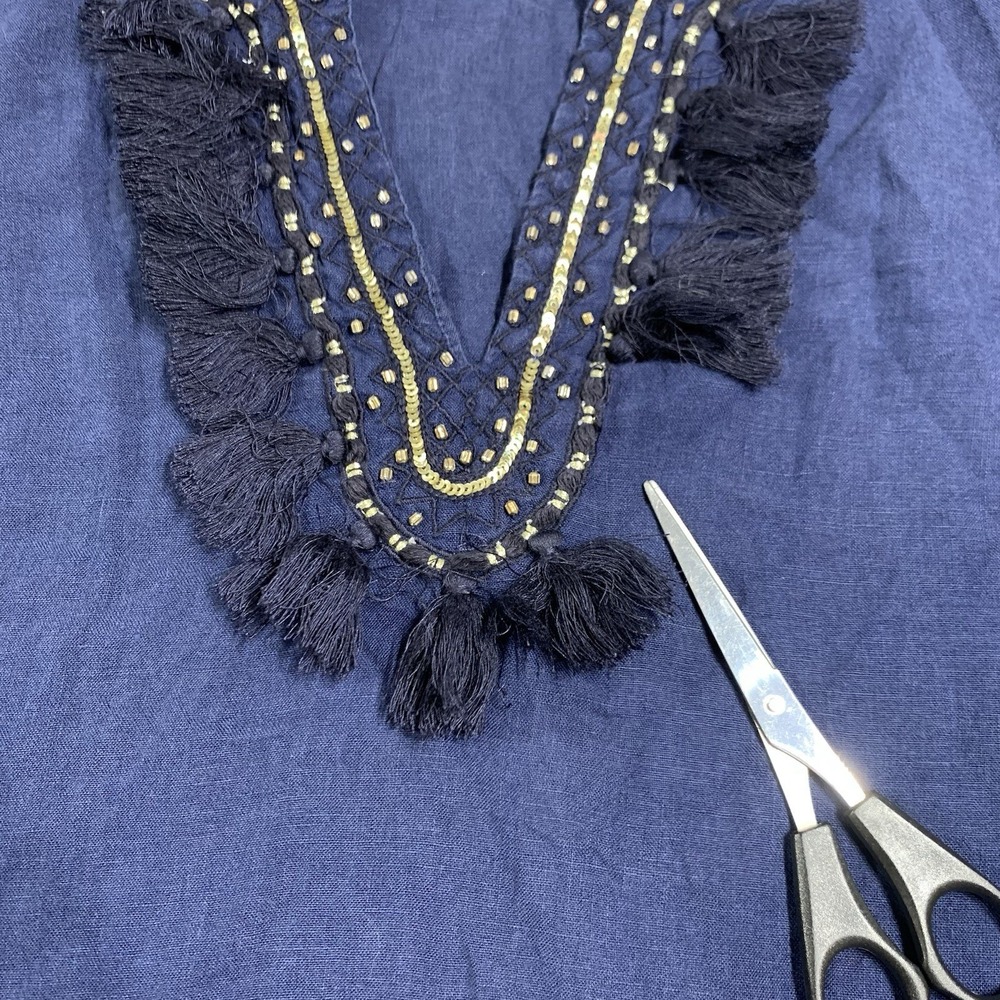 Lilly Pulitzer Amelia Island 100% Linen Tunic Women's Large Blue Gold Trim Top - Picture 8 of 10